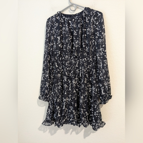 Lulu's Navy Blue Floral Chiffon Smocked Ruffle Too Cute Long Sleeve Mini Dress - Picture 8 of 16